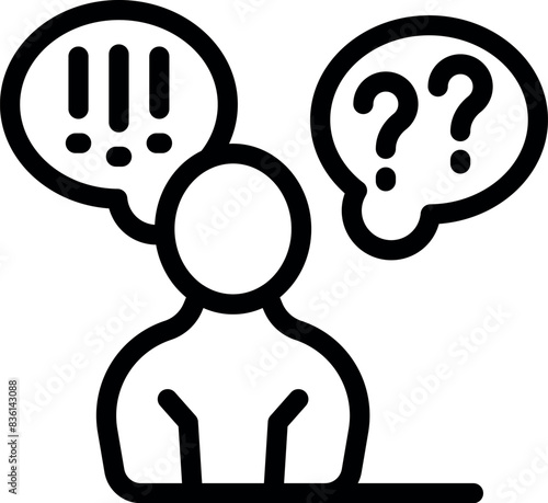 Iconic image of a person with speech bubbles containing exclamation and question marks, concept of query and surprise