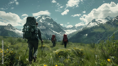 Against a backdrop of alpine meadows and snow-capped peaks, a rescue team treks through pristine wilderness, their backpacks laden with supplies and equipment.