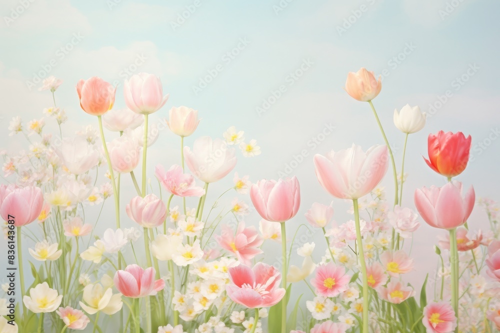 Delicate pastel-colored tulips and flowers in full bloom, capturing the serene beauty of a spring garden under a light blue sky. Delicate pastel-colored tulips and flowers in full bloom, capturing the serene beauty of a spring garden under a light blue sky.