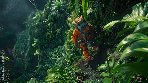 A rescue team navigates a steep, lush mountainside in a tropical jungle, surrounded by dense foliage and vibrant flora. photo