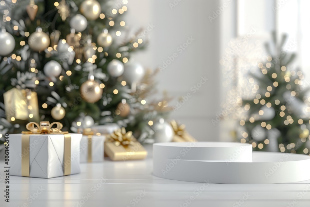 White platform with Christmas tree and gifts in the background White platform with Christmas tree and gifts in the background