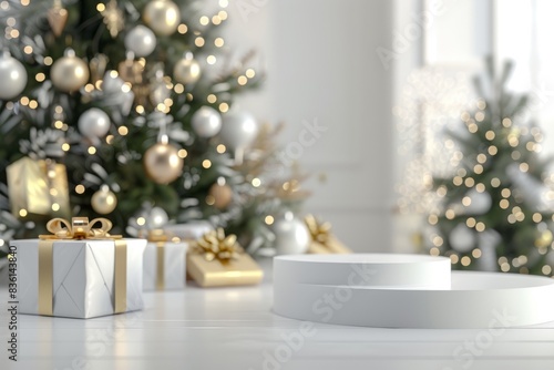 White platform with Christmas tree and gifts in the background