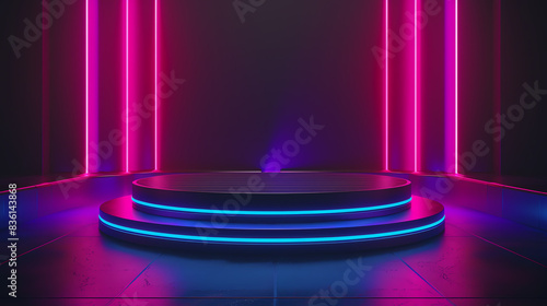 Futuristic podium design with neon lighting and sleek metallic finishes, ideal for tech product displays and modern advertisement campaigns photo
