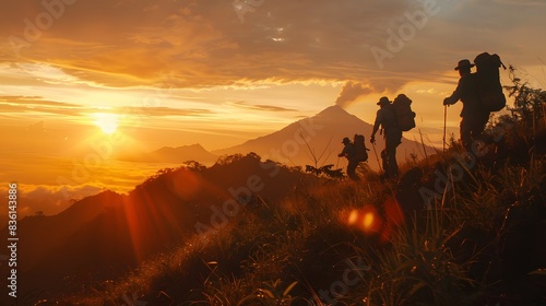 Against a vibrant sunset, a rescue team treks through a tropical high-altitude landscape, with distant volcanoes silhouetted on the horizon.