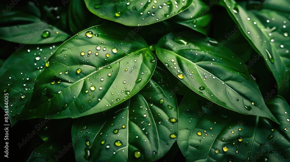 Close-up of vibrant green leaves with water droplets, showcasing the beauty of nature and freshness in detail. Close-up of vibrant green leaves with water droplets, showcasing the beauty of nature and freshness in detail.