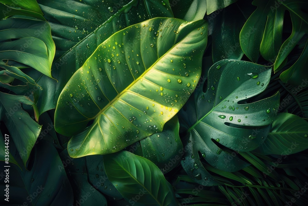 Fototapeta premium Lush tropical foliage with water droplets on leaves, creating a vibrant and fresh natural background perfect for various design projects.