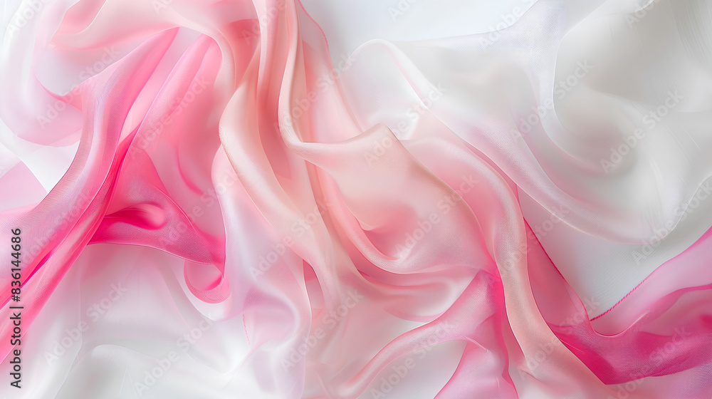 Fototapeta premium a minimalistic image showcasing pink and white chiffon fabric overlapping each other on a white surface