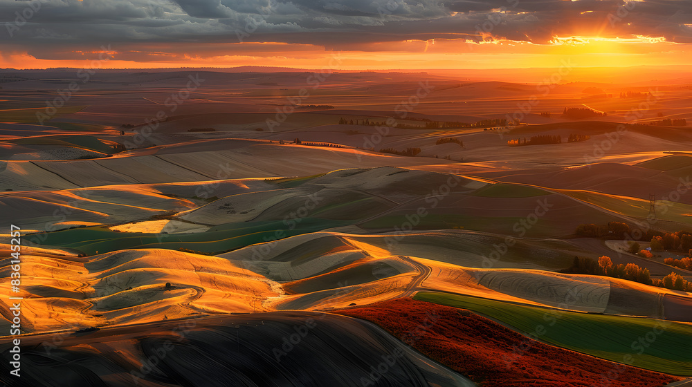 Sunset aerial view over Palouse Hills with farmland in autumn season. Sunset aerial view over Palouse Hills with farmland in autumn season.