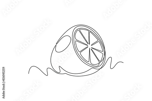 Single continuous line drawing sliced healthy organic lemon for orchard logo identity. Fresh lemonade fruitage concept for fruit garden icon. Dynamic one line draw graphic design vector illustration