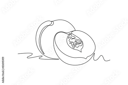 Single one line drawing whole and sliced healthy organic peach for orchard logo identity. Fresh fruitage concept for fruit garden icon. Modern continuous line draw design graphic vector illustration