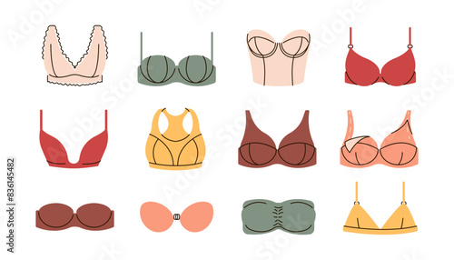 Various bra set. Underwear icon, stickers. Trendy female underwear. Vector illustration isolated on white background.