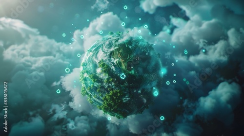 A conceptual 3D illustration of a globe surrounded by clouds, with green energy symbols floating around it, representing a sustainable and eco-friendly world.