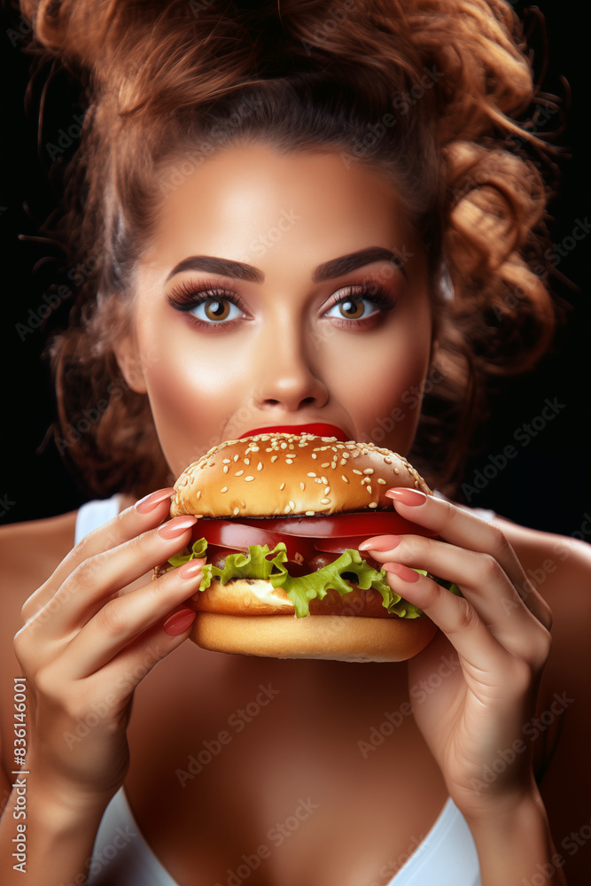 A beautiful brown-haired girl holds in her hands a big burger with tomatoes, a juicy cutlet, lettuce leaves, her mouth wide open, close-up portrait A beautiful brown-haired girl holds in her hands a big burger with tomatoes, a juicy cutlet, lettuce leaves, her mouth wide open, close-up portrait