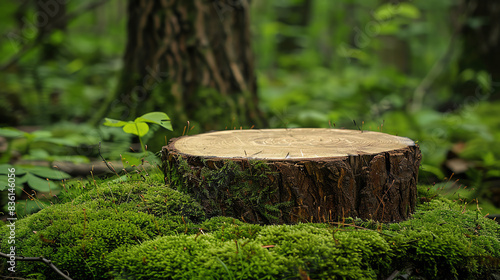 Rustic wooden podium on a mossy forest floor, capturing a natural and organic aesthetic for ecofriendly product promotions and outdoorthemed events