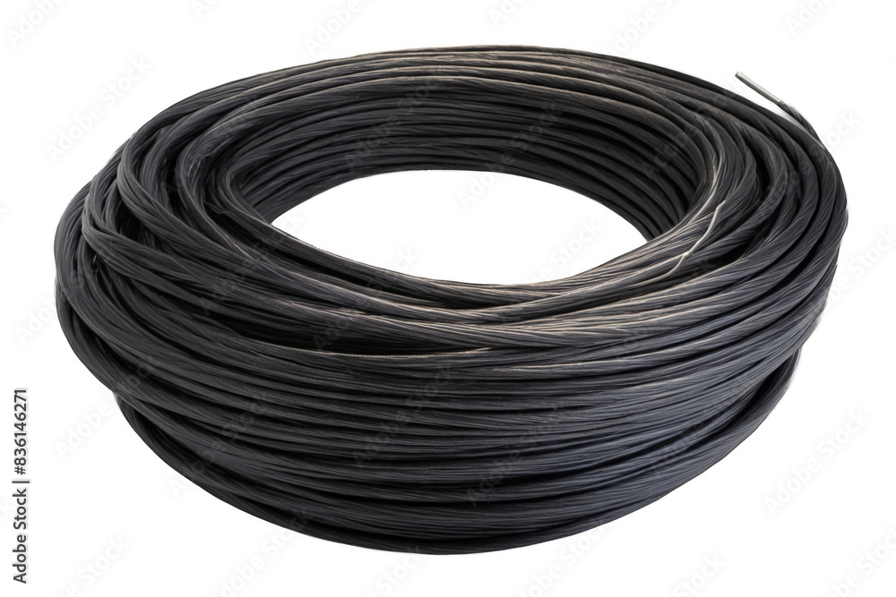 A roll of black wire or cable neatly coiled and isolated on a white background, suitable as a transparent png A roll of black wire or cable neatly coiled and isolated on a white background, suitable as a transparent png
