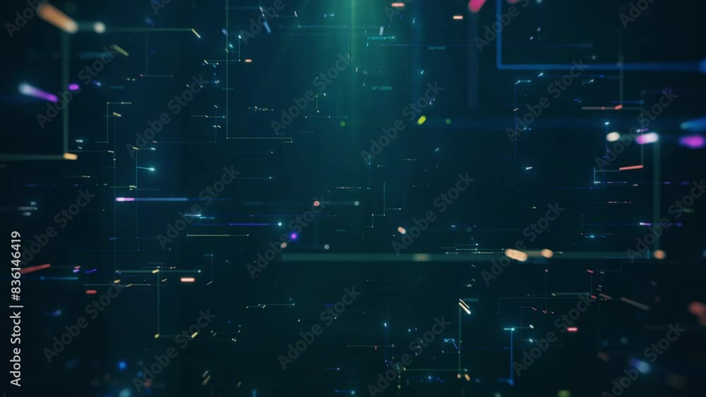 Abstract representation of a futuristic digital data network with glowing nodes and lines on a dark background, symbolizing connectivity, technology, and information flow.