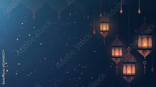  artistic Ramadan banner showcasing Islamic patterns and lanterns illuminated in the midst of a rich blue atmosphere, Intricate golden geometry for Islamic greeting backdrop Flat design