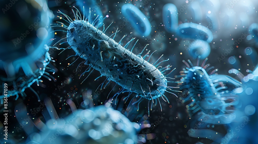 close up of 3d microscopic blue bacteria close up of 3d microscopic blue bacteria