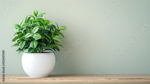 Green Plant in White Pot Single green plant in a white pot on a wooden shelf  minimalist decor  simple and soothing  easy on the eyes
