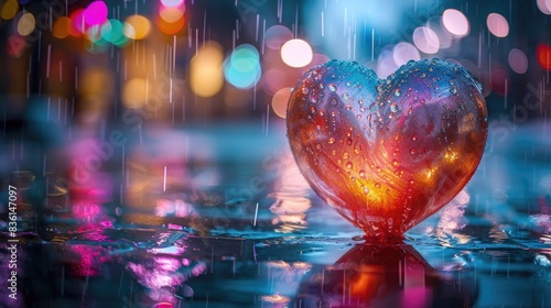 Heart with Rain A vibrant heart-shaped object under rain with colorful lighting  symbolizing love  hope  and emotion Perfect for romantic and inspirational themes