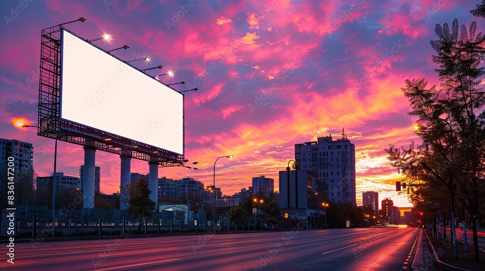Illuminated Street An illuminated street with a blank billboard in an urban city at sunset, creating a captivating city scene Illuminated Street An illuminated street with a blank billboard in an urban city at sunset, creating a captivating city scene