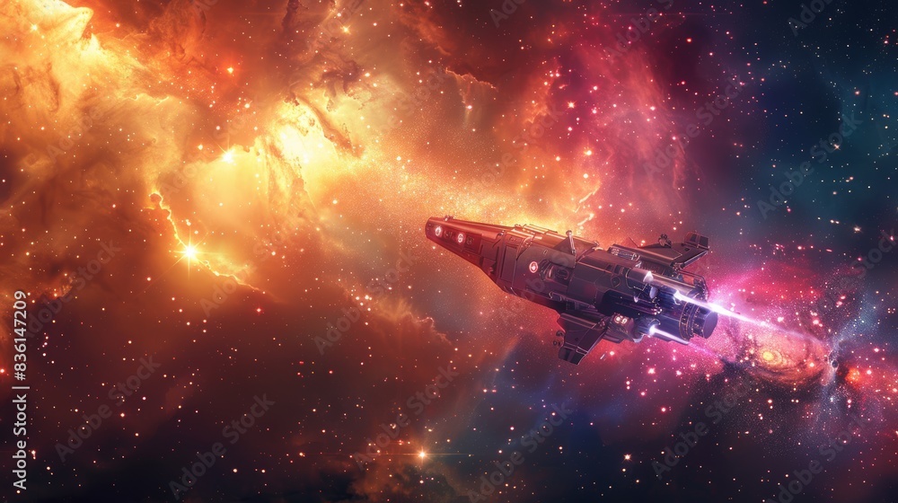 An imaginative 3D illustration of a spacecraft flying through a colorful nebula, with stars twinkling in the background, evoking a sense of wonder and discovery in space exploration. An imaginative 3D illustration of a spacecraft flying through a colorful nebula, with stars twinkling in the background, evoking a sense of wonder and discovery in space exploration.