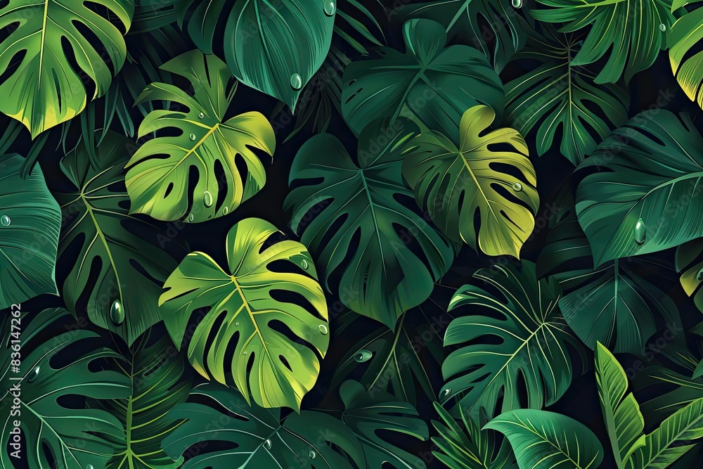 Naklejka premium Lush tropical green leaves with water droplets, creating a fresh and natural background perfect for vibrant design concepts and nature themes.