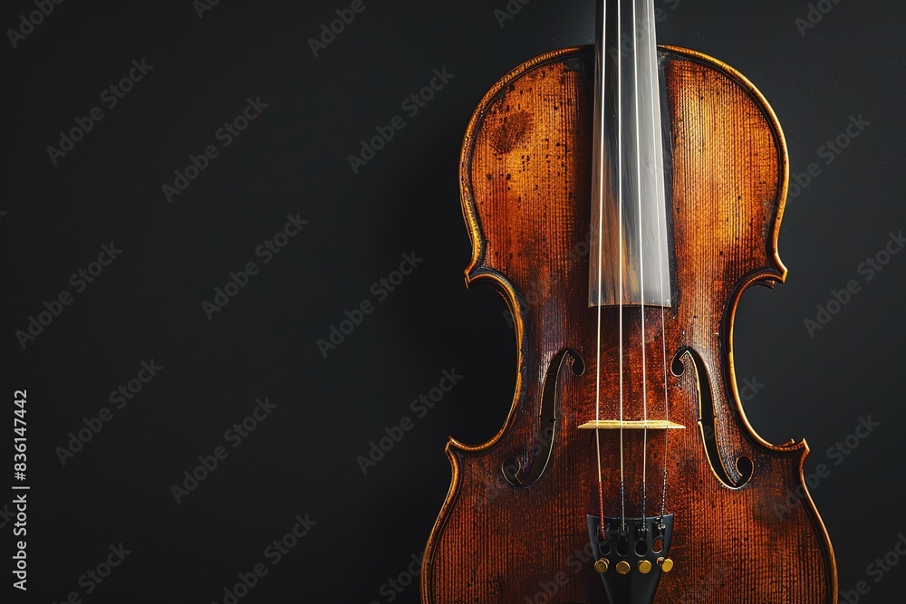 Photo of a violin on a black background, close up shot with copy space, stock photo in the style of photostock, raw high resolution Photo of a violin on a black background, close up shot with copy space, stock photo in the style of photostock, raw high resolution