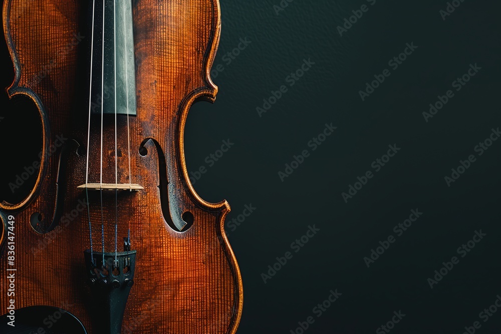 Photo of a violin on a black background, close up shot with copy space, stock photo in the style of photostock, raw high resolution Photo of a violin on a black background, close up shot with copy space, stock photo in the style of photostock, raw high resolution