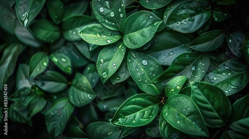 Fototapeta Naklejka Na Ścianę i Meble -  Close-up of lush green leaves with water droplets, showcasing nature's beauty and freshness, perfect for backgrounds and botanical themes.