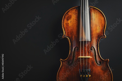 Photo of a violin on a black background, close up shot with copy space, stock photo in the style of photostock, raw high resolution