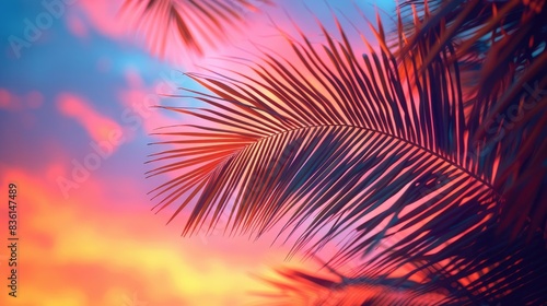 Palm Fronds Sunset Close-up of palm fronds against a vibrant sunset sky  with hues of orange and pink creating a stunning backdrop  showcasing the beauty of natures colors  soft tones  fine details 