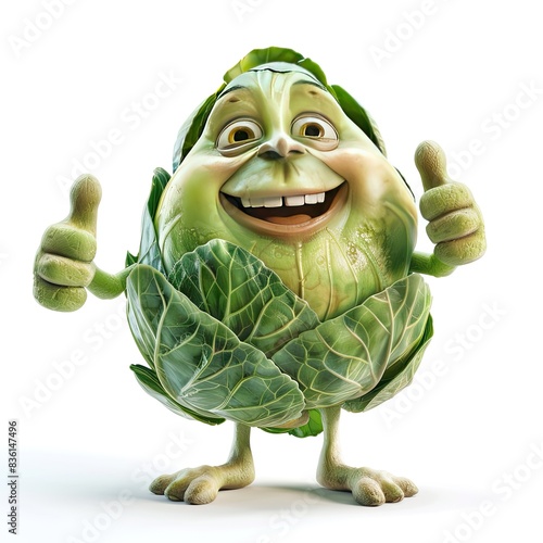 3D bell Brussels Sprouts mascot, smiling, showing thumb's up, with two legs, isolated on white photo