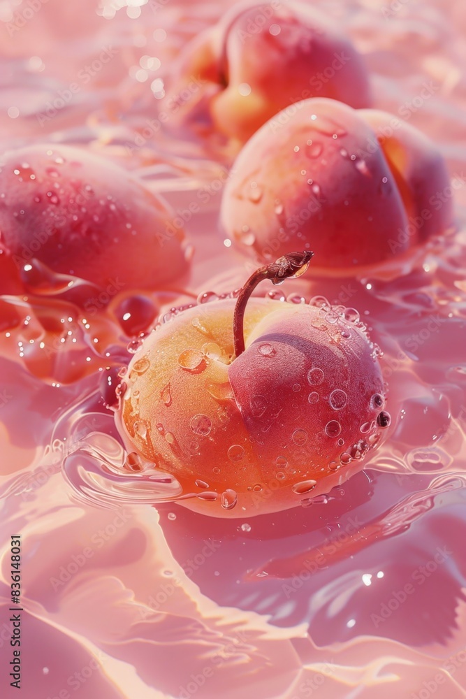 Four ripe peaches with water droplets sit in pink water, capturing a serene and refreshing scene that highlights their vibrant colors and juicy texture. Four ripe peaches with water droplets sit in pink water, capturing a serene and refreshing scene that highlights their vibrant colors and juicy texture.