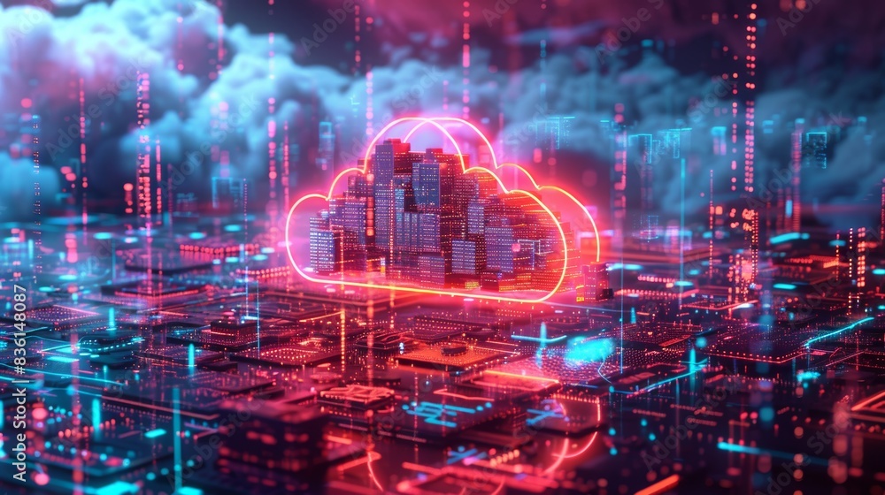 A vibrant 3D illustration of a cloud with neon lights and data symbols, depicting high-tech cloud data solutions. A vibrant 3D illustration of a cloud with neon lights and data symbols, depicting high-tech cloud data solutions.