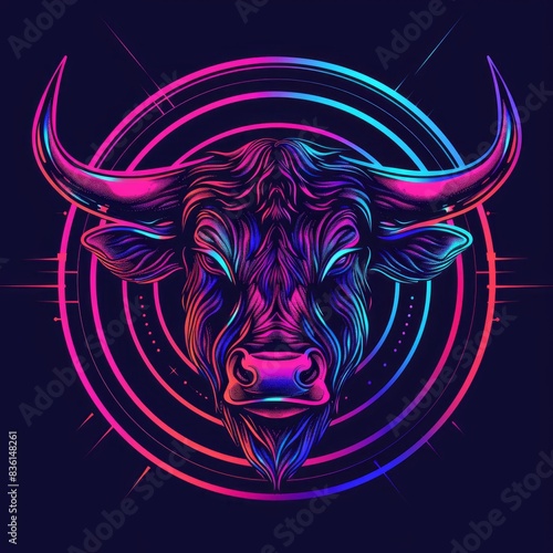 Art illustration of an bull mascot in vivid neon colors