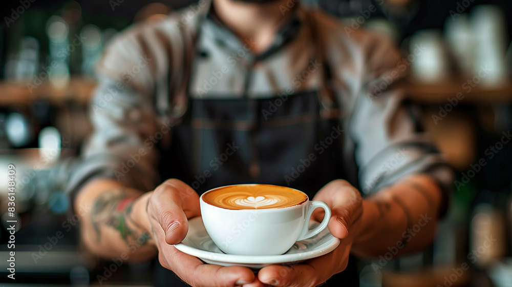 Waiter in black apron stretches a cup of coffee.values) Waiter in black apron stretches a cup of coffee.values)