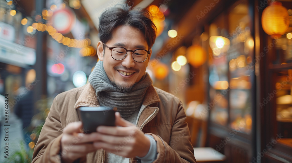 Happy male using smartphone at modern coffee shop, he chatting Online Messaging on mobile smartphone. Happy male using smartphone at modern coffee shop, he chatting Online Messaging on mobile smartphone.