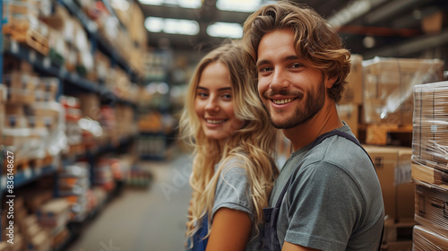 young man and woman Packing goods for delivery to customer in warehouse . © aekkorn