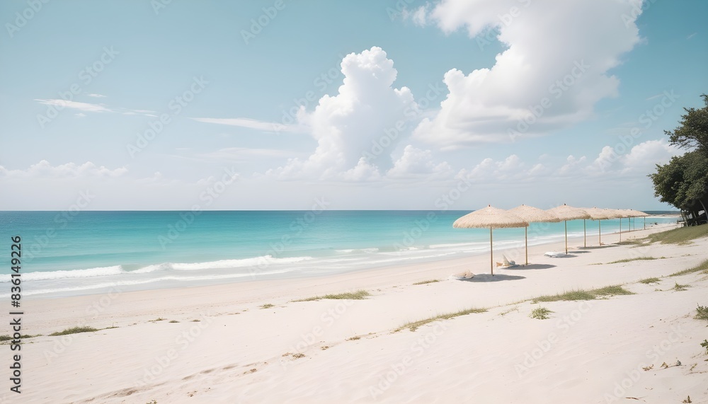 Beautiful tropical beach. blue sky, vibrant, sunlight, umbrella, sandy, soft, aesthetic	

