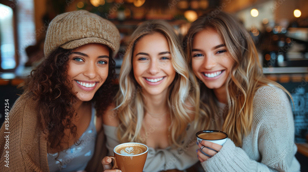 Three young women enjoy coffee at a coffee shop . Three young women enjoy coffee at a coffee shop .