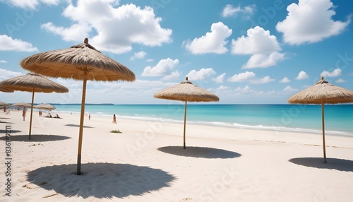 Beautiful tropical beach. blue sky, vibrant, sunlight, umbrella, sandy, soft, aesthetic