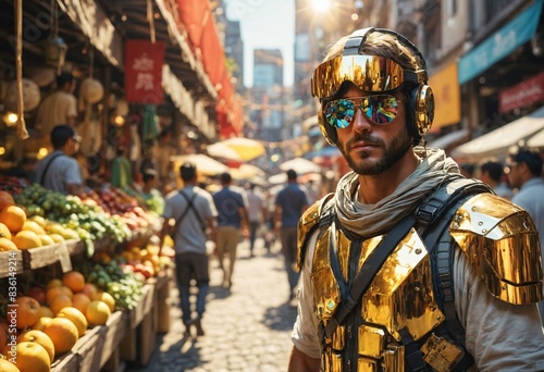 A man in a futuristic costume stands in a market with a sunlit background.