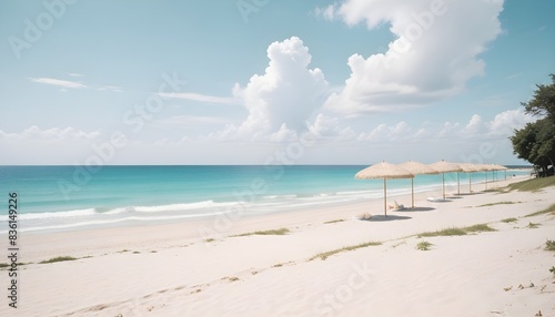 Beautiful tropical beach. blue sky  vibrant  sunlight  umbrella  sandy  soft  aesthetic   