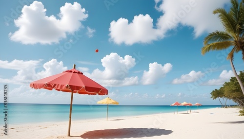 Beautiful tropical beach. blue sky, vibrant, sunlight, umbrella, sandy, soft, aesthetic