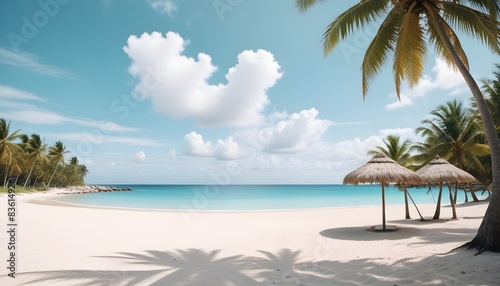 Beautiful tropical beach. blue sky  vibrant  sunlight  umbrella  sandy  soft  aesthetic   