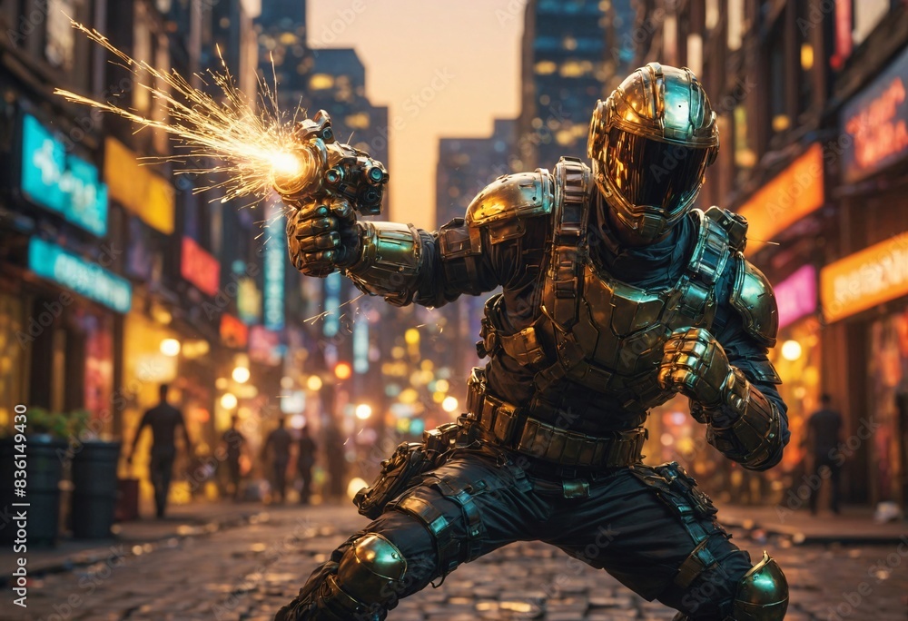 A futuristic soldier in a golden suit with a helmet and gun is standing in a city street with a bright explosion in his hand. A futuristic soldier in a golden suit with a helmet and gun is standing in a city street with a bright explosion in his hand.