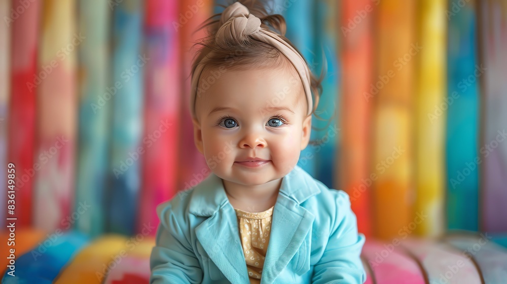 A smiling baby businesswoman in a pastel blue blazer, sitting on a giant stack of colorful books, with a bright watercolor background A smiling baby businesswoman in a pastel blue blazer, sitting on a giant stack of colorful books, with a bright watercolor background
