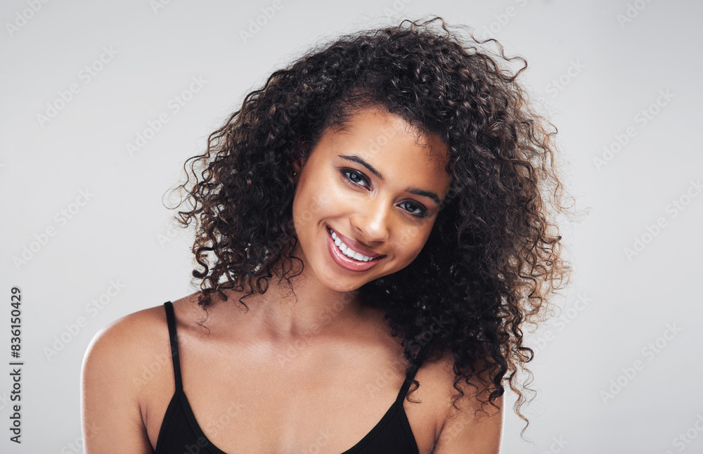 Portrait, woman and beauty in studio for skincare, natural and cosmetic on white background. Curly hair, cosmetology and facial treatment with collagen for model person, face and texture for haircare Portrait, woman and beauty in studio for skincare, natural and cosmetic on white background. Curly hair, cosmetology and facial treatment with collagen for model person, face and texture for haircare