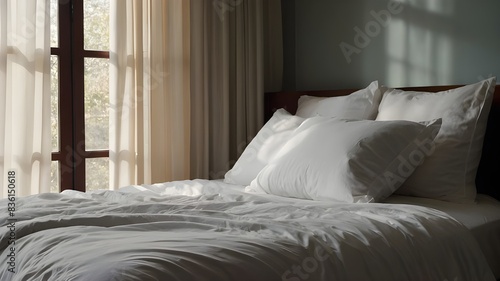 Simple Comfort: Unmade Bed with Crisp White Sheets, Relaxed Elegance: Clean Unmade Bed with White Sheets, Casual Chic: Unmade Bed Adorned with Crisp White Linens, Cozy Serenity: Unmade Bed with Fresh  © Photographer